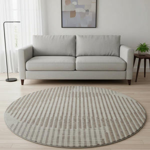 HomeRoots 8' Beige and Taupe Geometric Round Rug - Washable, UV Protected, Durable, Perfect for High Traffic Areas 678763