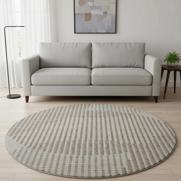 HomeRoots 8' Beige and Taupe Geometric Round Rug - Washable, UV Protected, Durable, Perfect for High Traffic Areas 678763