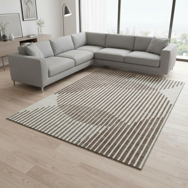 HomeRoots 8' X 10' Geometric Washable Area Rug in Brown & Ivory - UV Protected, Durable & Easy Care Design 678770