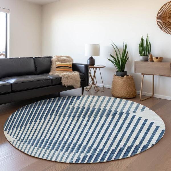 HomeRoots 8' Blue and Ivory Geometric Round Rug - Washable, Stain-Resistant, UV Protected for Modern Spaces 678775
