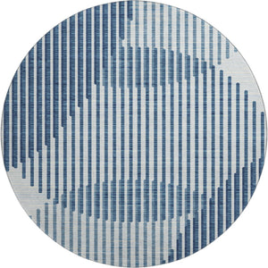 HomeRoots 8' Blue and Ivory Geometric Round Rug - Washable, Stain-Resistant, UV Protected for Modern Spaces 678775