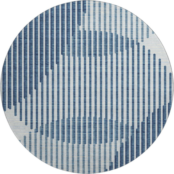 HomeRoots 8' Blue and Ivory Geometric Round Rug - Washable, Stain-Resistant, UV Protected for Modern Spaces 678775