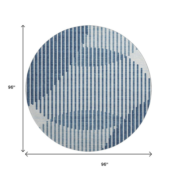 HomeRoots 8' Blue and Ivory Geometric Round Rug - Washable, Stain-Resistant, UV Protected for Modern Spaces 678775