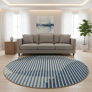 HomeRoots 8' Blue and Ivory Geometric Round Rug - Washable, Stain-Resistant, UV Protected for Modern Spaces 678775
