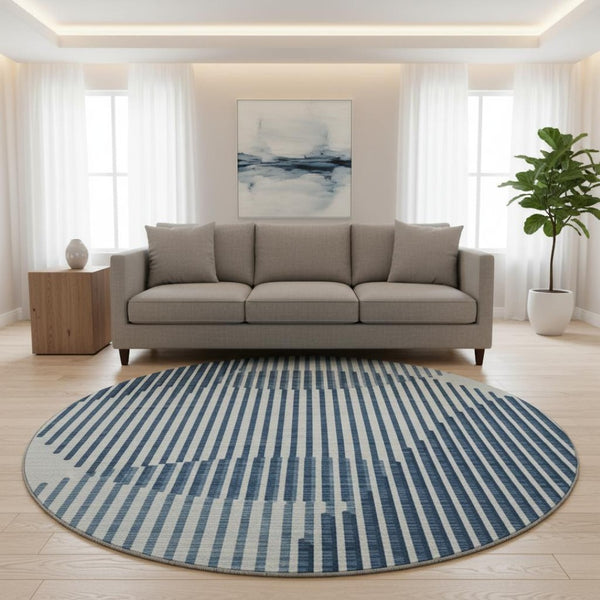 HomeRoots 8' Blue and Ivory Geometric Round Rug - Washable, Stain-Resistant, UV Protected for Modern Spaces 678775