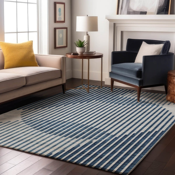 HomeRoots 8' X 10' Stylish Blue & Ivory Geometric Area Rug - Washable, UV Protected, Stain-Resistant Design! 678776