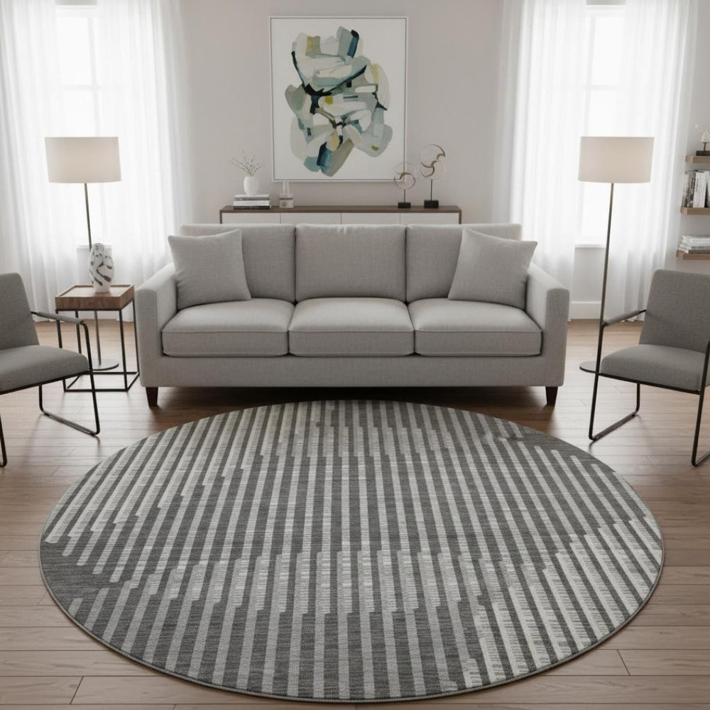 HomeRoots 8' Charcoal Ivory and Gray Geometric Washable Round Rug – Stylish, Durable, UV-Protected Design! 678781