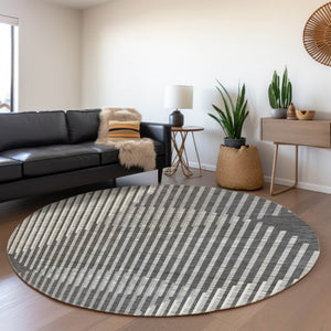 HomeRoots 8' Charcoal Ivory and Gray Geometric Washable Round Rug – Stylish, Durable, UV-Protected Design! 678781