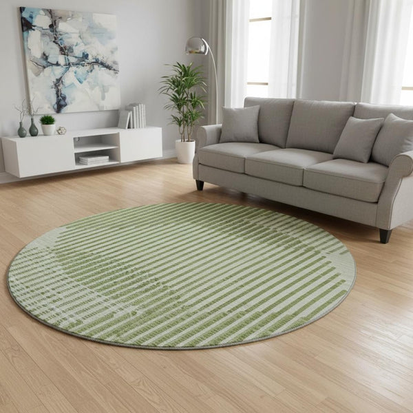 HomeRoots 8' Round Geometric Washable Rug in Green, Ivory & Gray – UV Protected, Stain Resistant, Perfect for High-Traffic Areas 678787