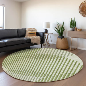 HomeRoots 8' Round Geometric Washable Rug in Green, Ivory & Gray – UV Protected, Stain Resistant, Perfect for High-Traffic Areas 678787