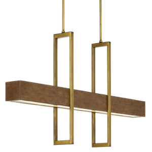 Tonbridge Modern Linear Chandelier - Chestnut Wood & Brass with Acrylic Diffuser, 3 Lights, Dimmable