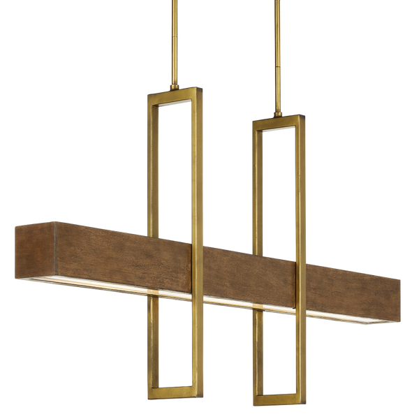Tonbridge Modern Linear Chandelier - Chestnut Wood & Brass with Acrylic Diffuser, 3 Lights, Dimmable