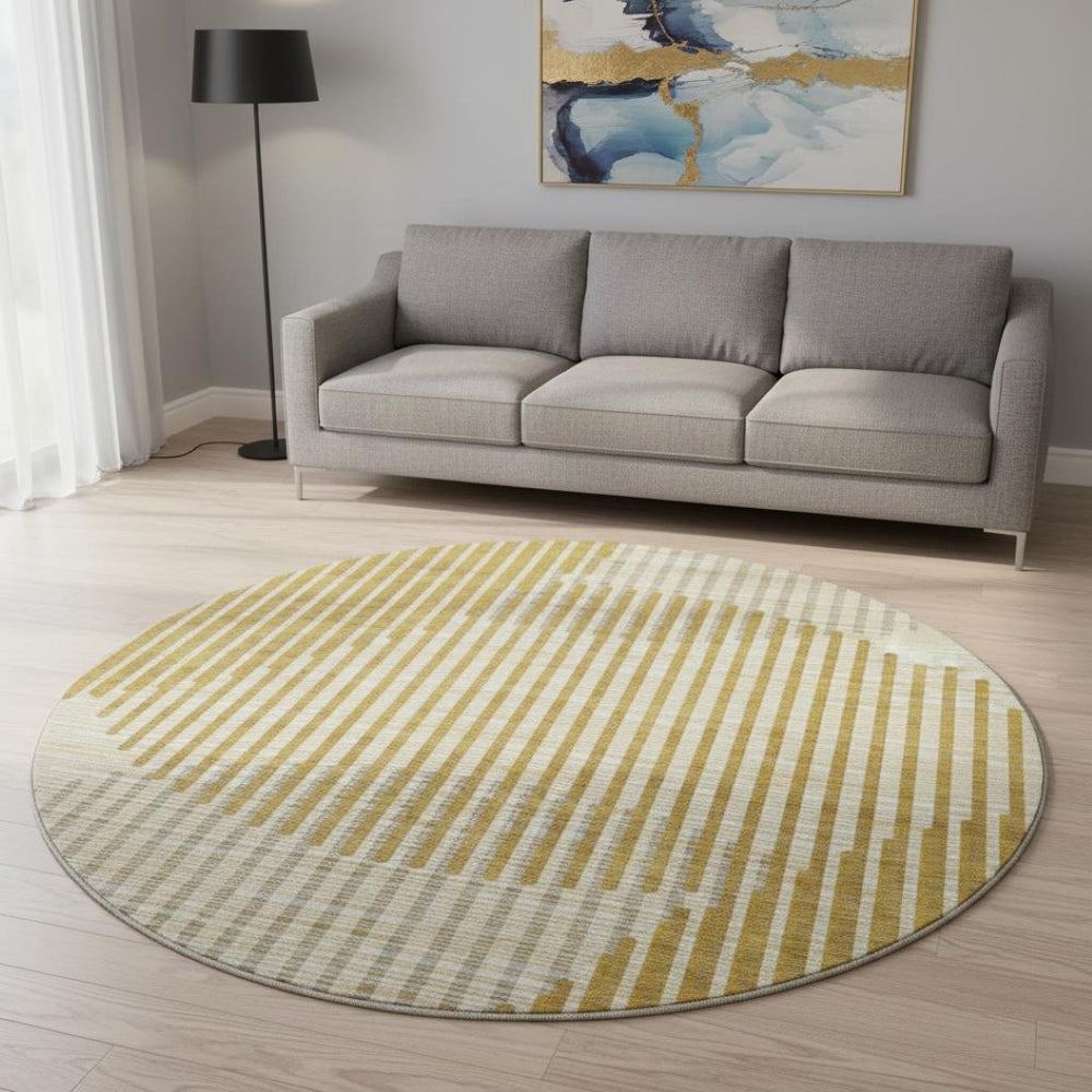HomeRoots 8' Gold Ivory and Gray Geometric Washable Round Rug – Stylish, Durable, and UV-Protected for Homes 678793