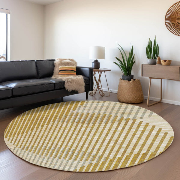 HomeRoots 8' Gold Ivory and Gray Geometric Washable Round Rug – Stylish, Durable, and UV-Protected for Homes 678793