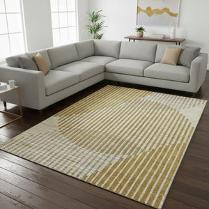 HomeRoots 8' X 10' Gold Ivory Gray Geometric Area Rug – Washable, UV-Protected, Durable for High-Traffic Homes 678794