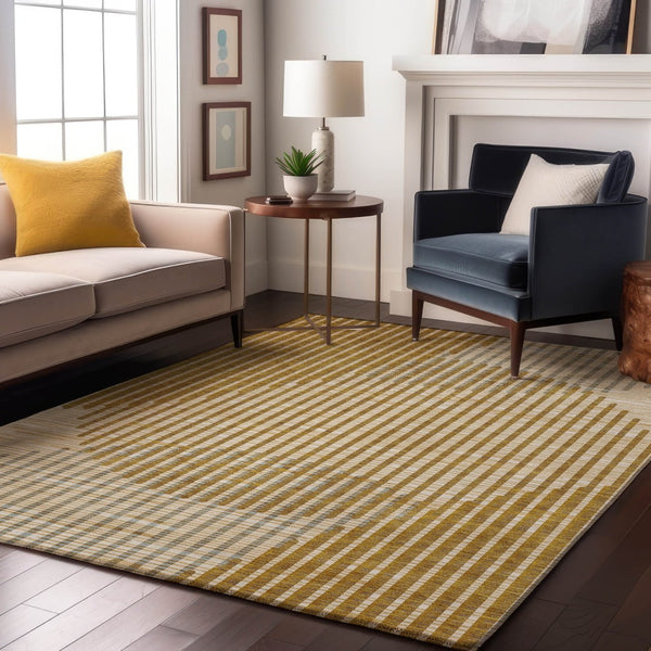HomeRoots 8' X 10' Gold Ivory Gray Geometric Area Rug – Washable, UV-Protected, Durable for High-Traffic Homes 678794