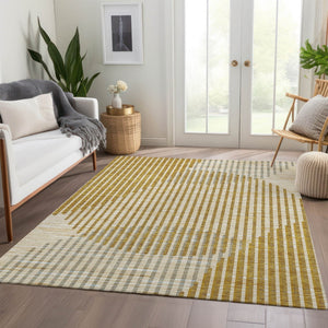 HomeRoots 8' X 10' Gold Ivory Gray Geometric Area Rug – Washable, UV-Protected, Durable for High-Traffic Homes 678794