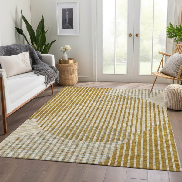 HomeRoots 8' X 10' Gold Ivory Gray Geometric Area Rug – Washable, UV-Protected, Durable for High-Traffic Homes 678794