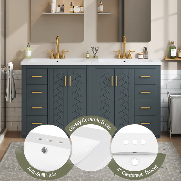 English Elm 60'' Bathroom Vanity Set With Ceramic Sink - Stylish Solid Wood Frame, Soft-Closing Drawers & Doors N710SS00001C