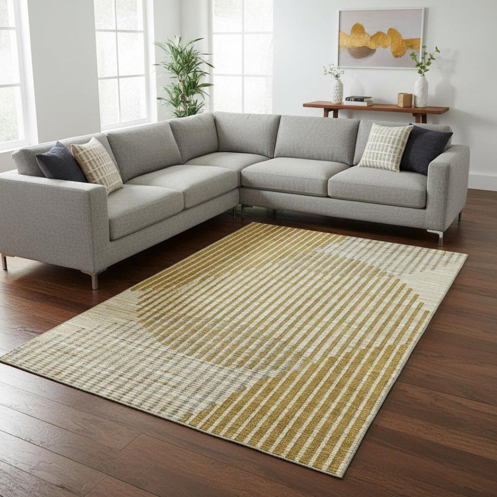 HomeRoots 10' Gold Ivory and Gray Geometric Washable Area Rug for High-Traffic Spaces with UV Protection 678796