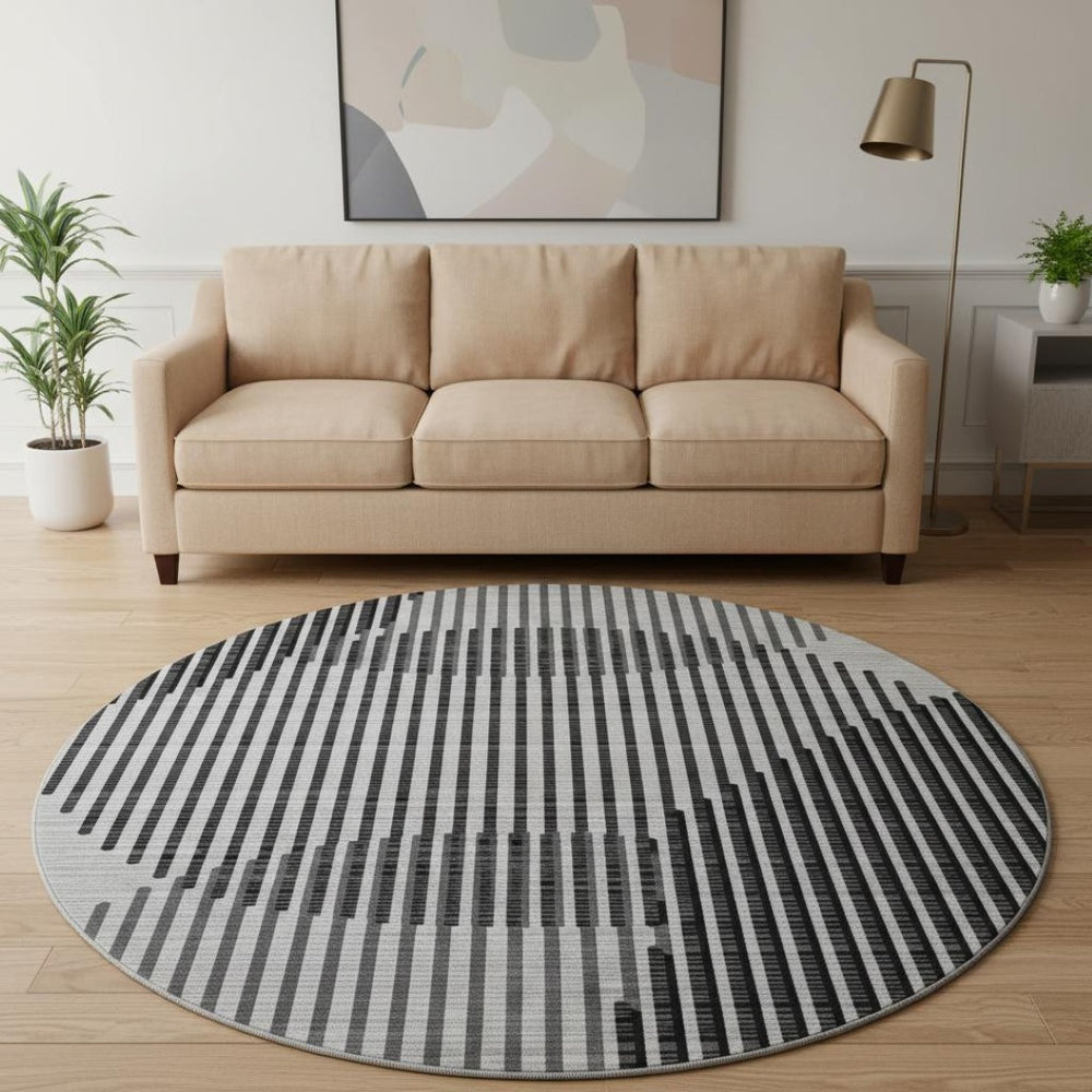 HomeRoots 8' Gray And Ivory Geometric Round Washable Rug with UV Protection for Kids, Pets, and High-Traffic Areas 678799