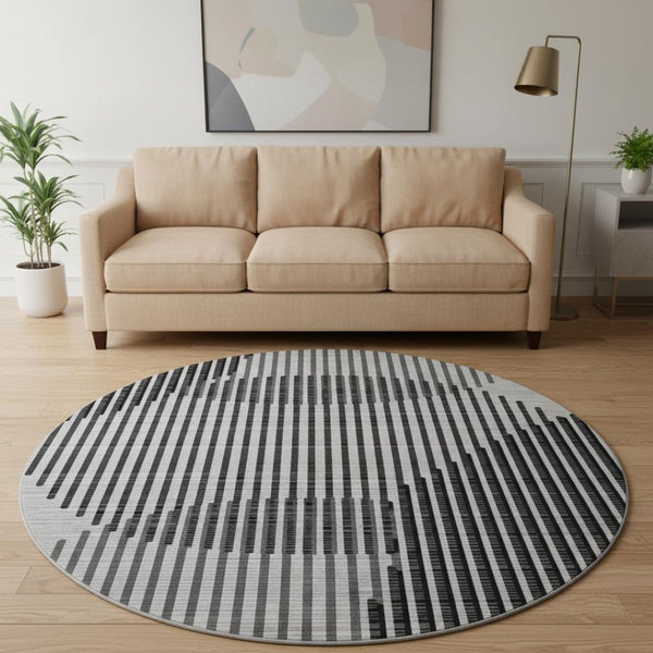 HomeRoots 8' Gray And Ivory Geometric Round Washable Rug with UV Protection for Kids, Pets, and High-Traffic Areas 678799