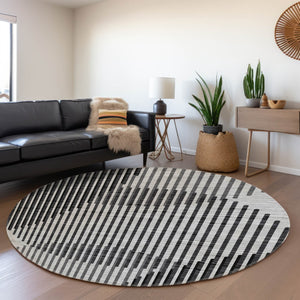 HomeRoots 8' Gray And Ivory Geometric Round Washable Rug with UV Protection for Kids, Pets, and High-Traffic Areas 678799