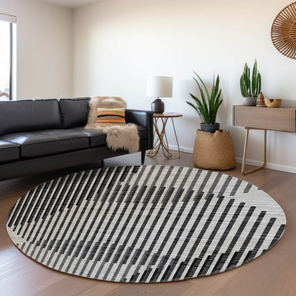 HomeRoots 8' Gray And Ivory Geometric Round Washable Rug with UV Protection for Kids, Pets, and High-Traffic Areas 678799