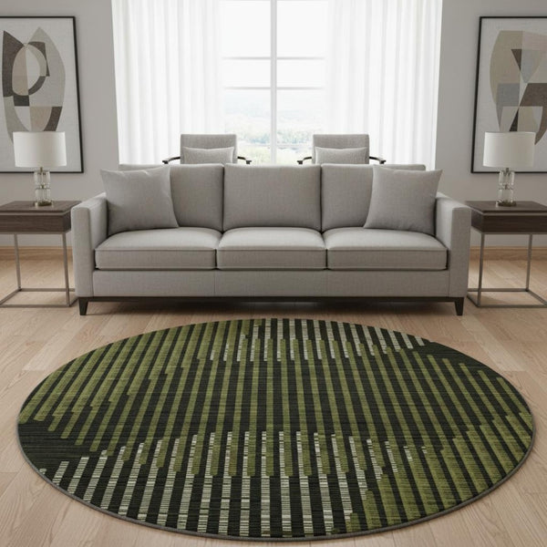 HomeRoots 8' Washable Round Rug in Olive Green, Ivory & Charcoal – UV Protected, Stain Resistant, Durable Design 678805