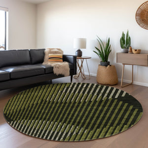 HomeRoots 8' Washable Round Rug in Olive Green, Ivory & Charcoal – UV Protected, Stain Resistant, Durable Design 678805