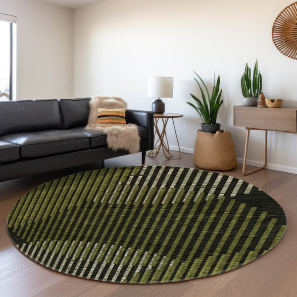 HomeRoots 8' Washable Round Rug in Olive Green, Ivory & Charcoal – UV Protected, Stain Resistant, Durable Design 678805