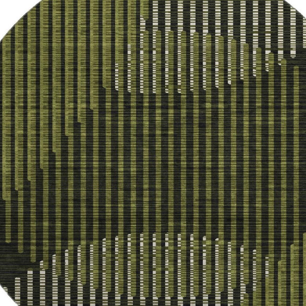 HomeRoots 8' Washable Round Rug in Olive Green, Ivory & Charcoal – UV Protected, Stain Resistant, Durable Design 678805