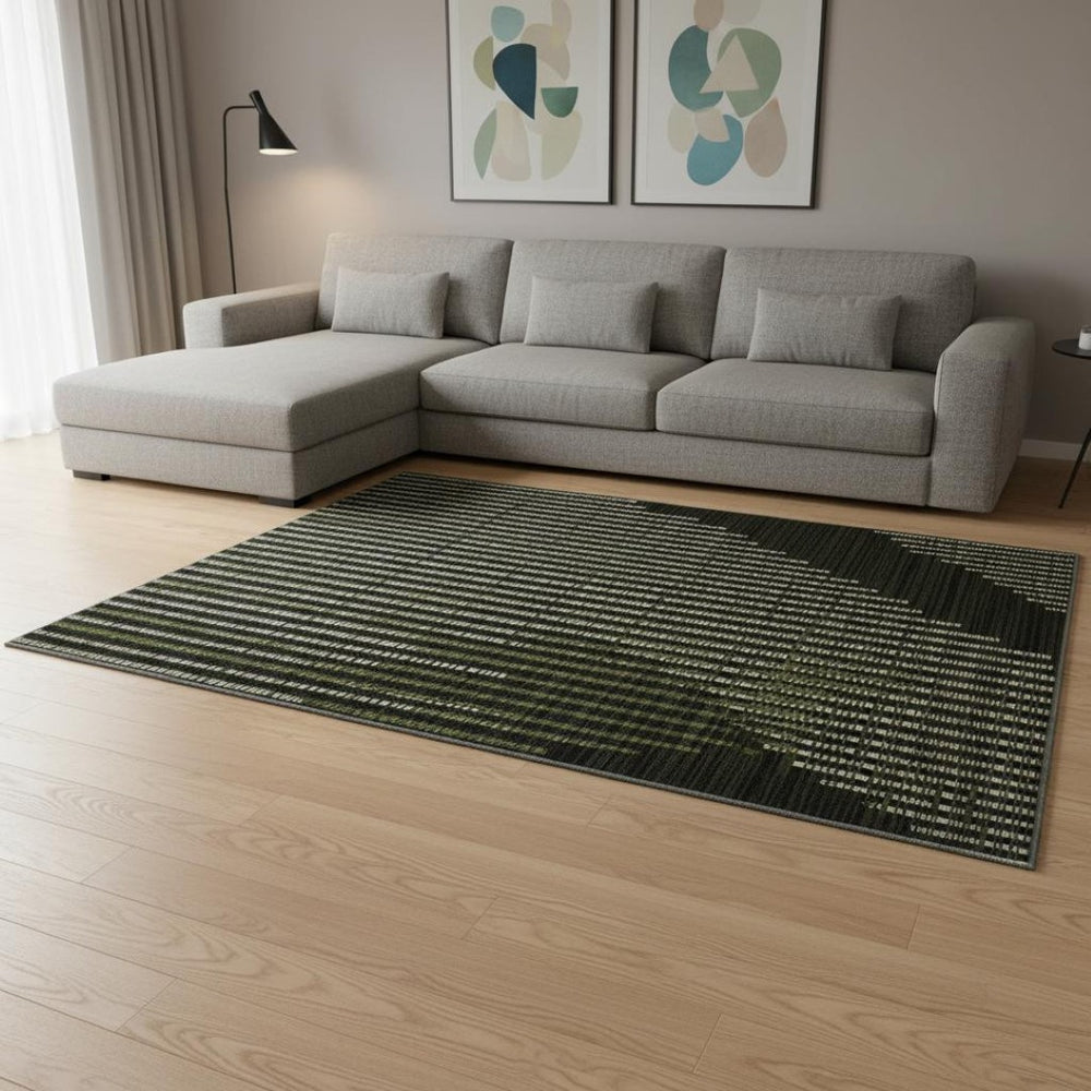 HomeRoots 8' X 10' Modern Olive Green, Ivory & Charcoal Geometric Washable Area Rug with UV Protection 678806