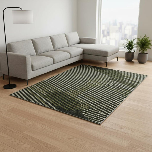 HomeRoots 9' X 12' Modern Olive Green Geometric Area Rug - Durable, Washable with UV Protection for Families 678807