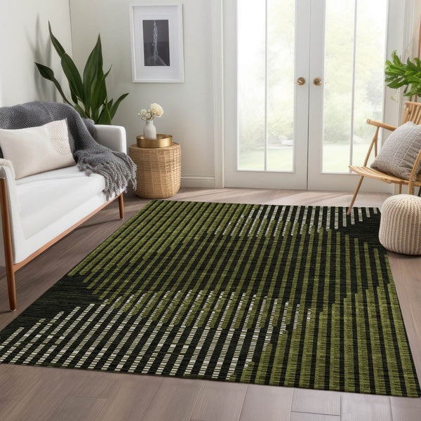 HomeRoots 9' X 12' Modern Olive Green Geometric Area Rug - Durable, Washable with UV Protection for Families 678807
