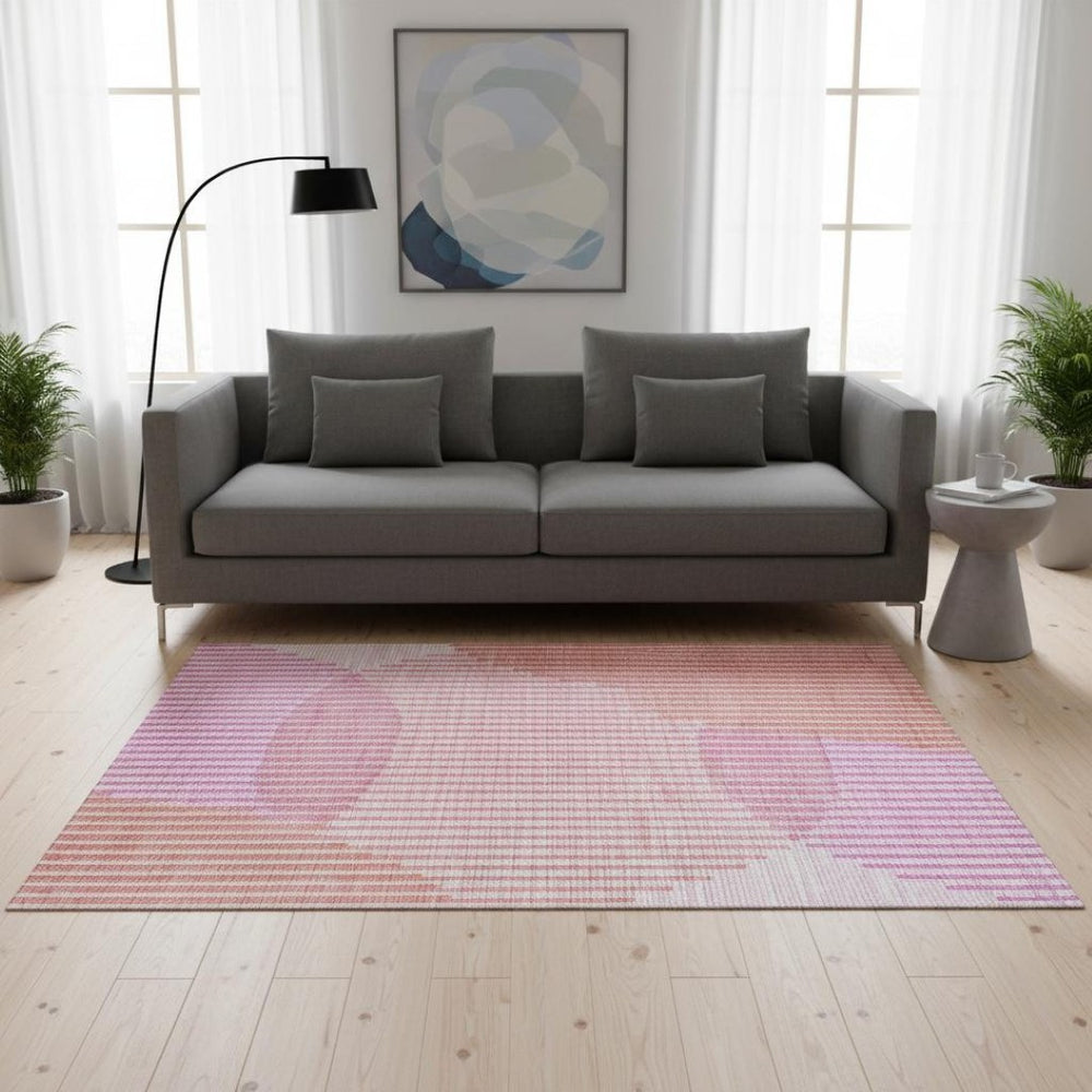 HomeRoots 5' X 8' Pink Ivory Orange Geometric Area Rug - Washable, Durable, UV-Protected for Modern Spaces 678810
