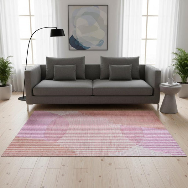 HomeRoots 5' X 8' Pink Ivory Orange Geometric Area Rug - Washable, Durable, UV-Protected for Modern Spaces 678810