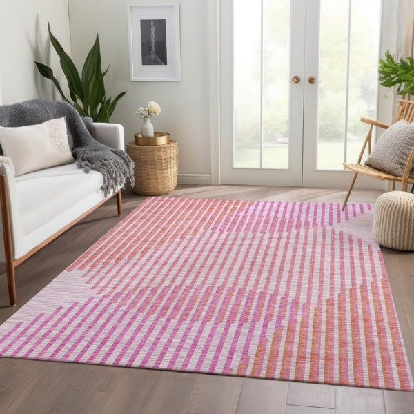 HomeRoots 5' X 8' Pink Ivory Orange Geometric Area Rug - Washable, Durable, UV-Protected for Modern Spaces 678810