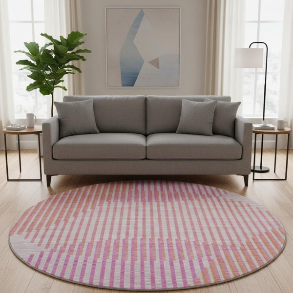 HomeRoots 8' Vibrant Pink, Ivory & Orange Geometric Washable Round Rug with UV Protection for Busy Homes 678811