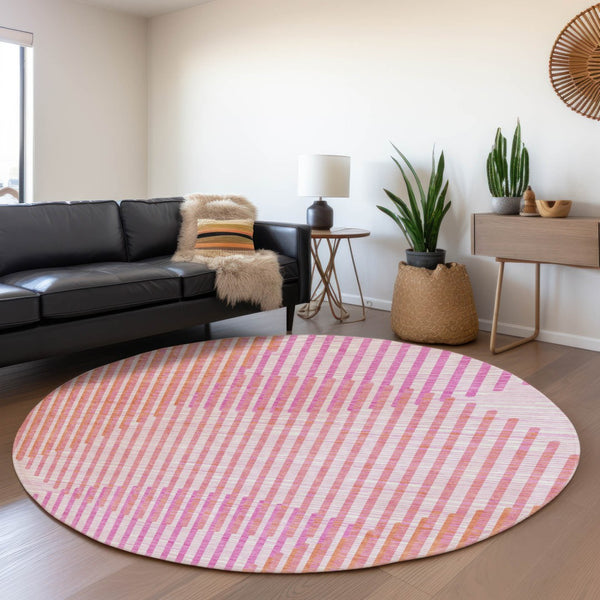 HomeRoots 8' Vibrant Pink, Ivory & Orange Geometric Washable Round Rug with UV Protection for Busy Homes 678811