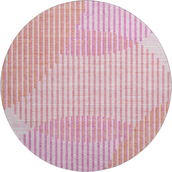 HomeRoots 8' Vibrant Pink, Ivory & Orange Geometric Washable Round Rug with UV Protection for Busy Homes 678811