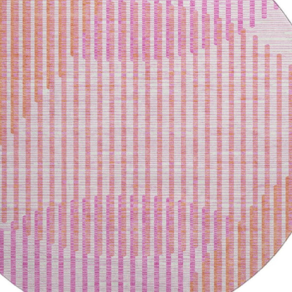 HomeRoots 8' Vibrant Pink, Ivory & Orange Geometric Washable Round Rug with UV Protection for Busy Homes 678811