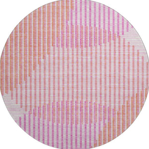 HomeRoots 8' Vibrant Pink, Ivory & Orange Geometric Washable Round Rug with UV Protection for Busy Homes 678811