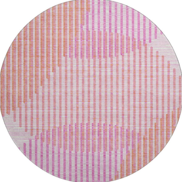 HomeRoots 8' Vibrant Pink, Ivory & Orange Geometric Washable Round Rug with UV Protection for Busy Homes 678811