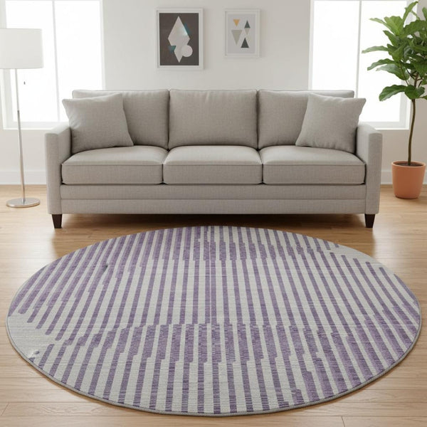 HomeRoots 8' Purple and Ivory Geometric Round Rug - Washable, UV-Protected, Stylish & Durable for Modern Homes 678817