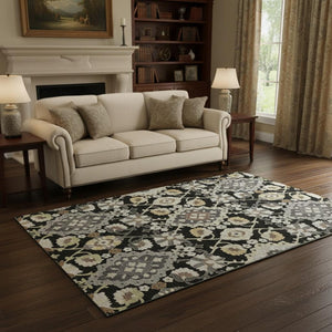 HomeRoots 5' X 8' Oriental Area Rug in Black, Gold & Gray – Washable, UV-Protected, Durable & Stylish Design 678822