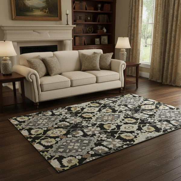 HomeRoots 5' X 8' Oriental Area Rug in Black, Gold & Gray – Washable, UV-Protected, Durable & Stylish Design 678822