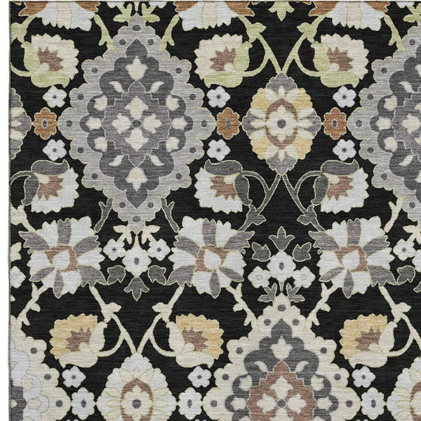 HomeRoots 5' X 8' Oriental Area Rug in Black, Gold & Gray – Washable, UV-Protected, Durable & Stylish Design 678822