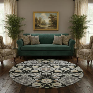 HomeRoots 8' Elegant Black Gold and Gray Washable Round Rug - UV Protected, Stain Resistant, Timeless Design 678823