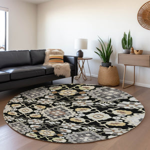 HomeRoots 8' Elegant Black Gold and Gray Washable Round Rug - UV Protected, Stain Resistant, Timeless Design 678823